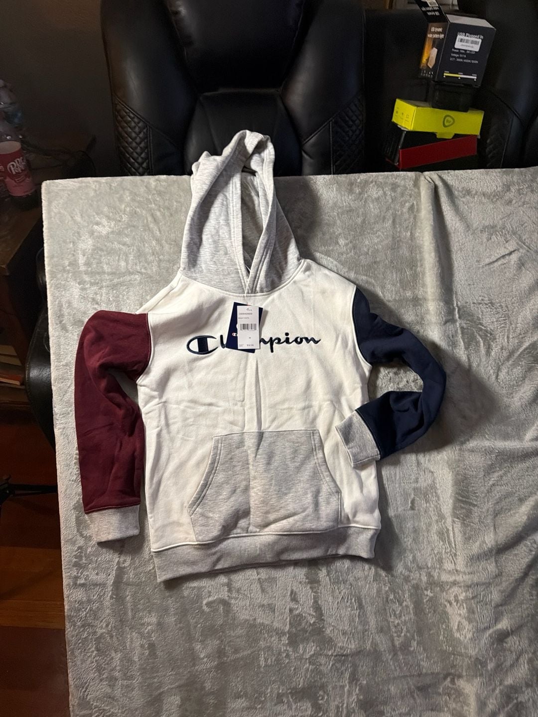 Champion Youth Colorblock Pullover Hoodie In Bright White, Maroon, And Navy
